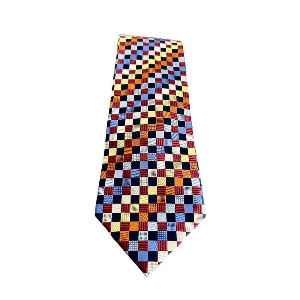 Jos A Bank Executive Collection Silk Tie Blue Burgundy Gold Checkered Geometric